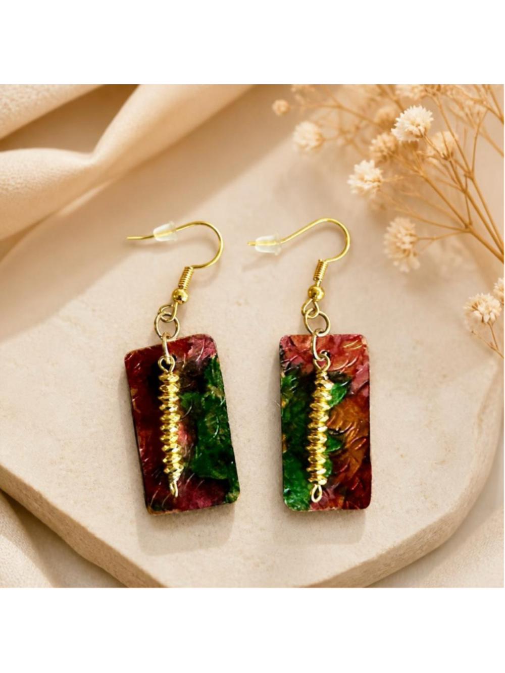 Handmade Copper Earrings Hand Painted Dangle Drop Textured Green Red Gold Artisa
